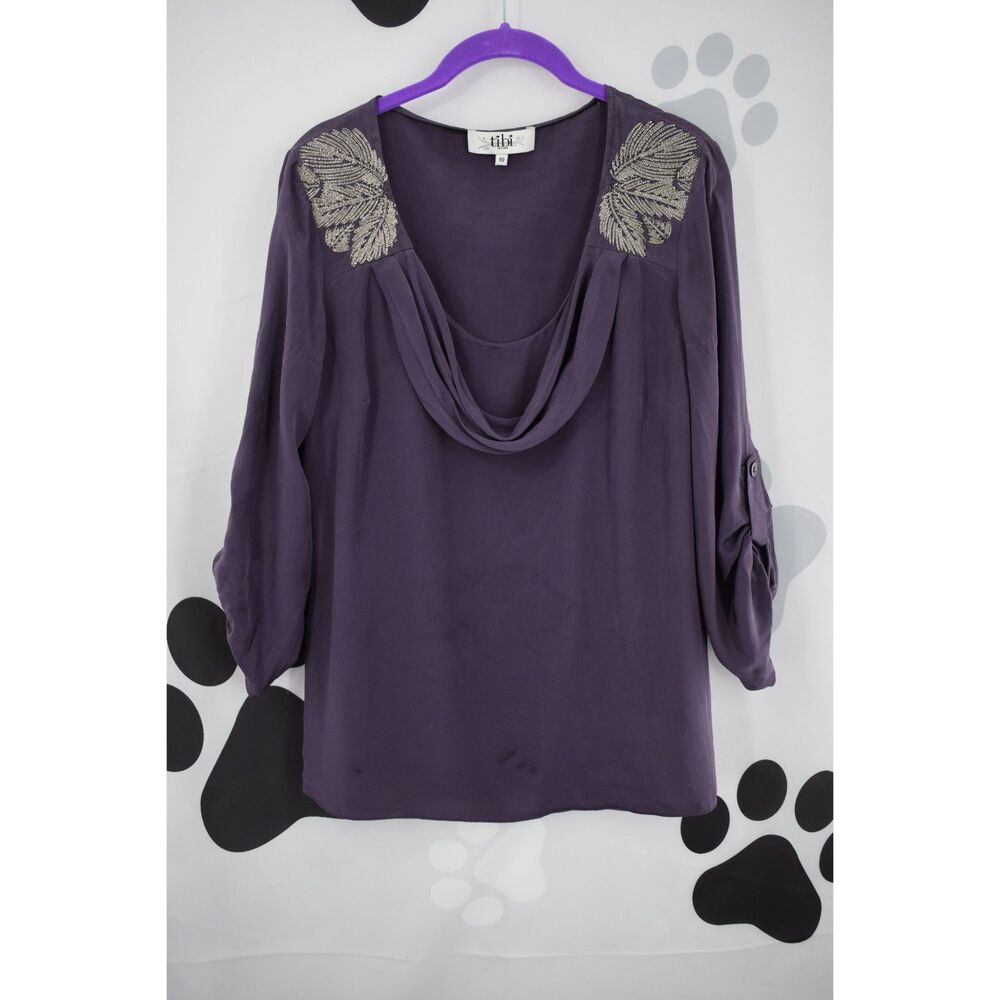 Tibi 100% Silk Beaded Shoulder Blouse Roll Tab Sleeves Purple Size 10